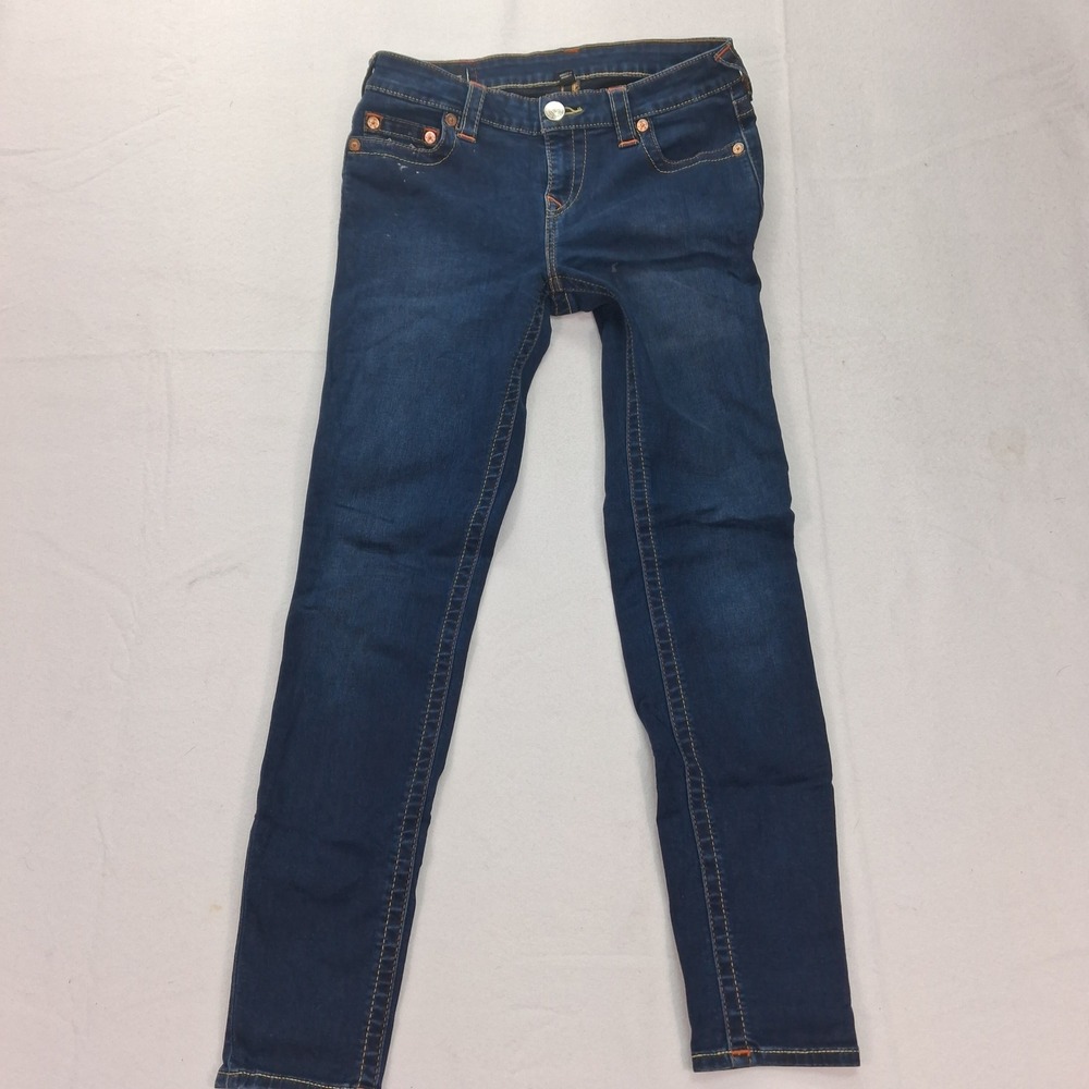 True Religion Jeans Womens 28 Skinny Blue Dark Wash Contrast Stitch Stretch FAIR